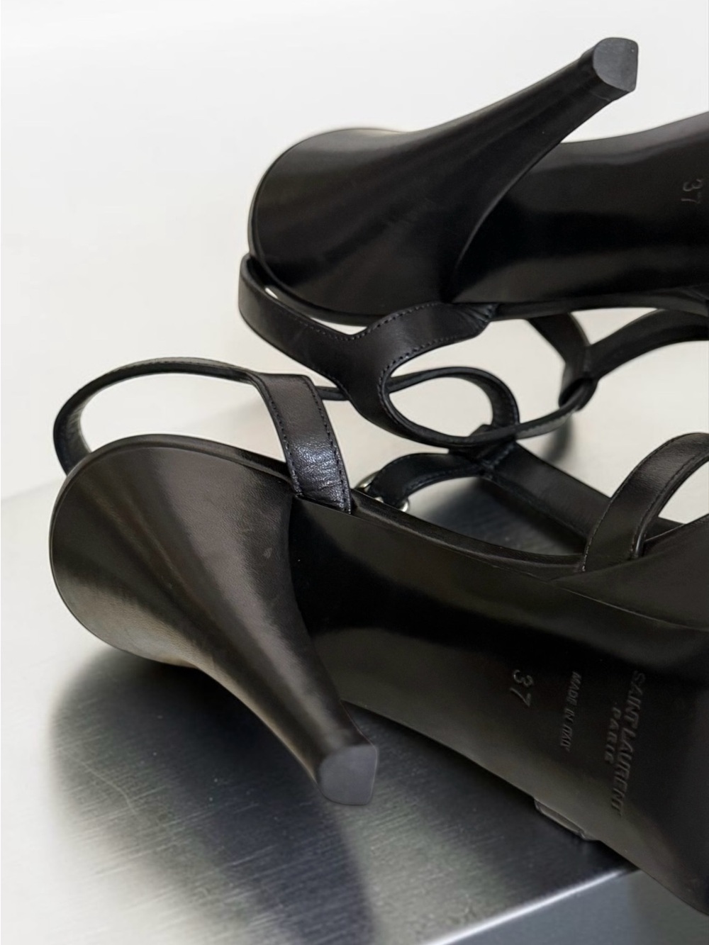 Saint Laurent Black Leather Platform T-Strap Studded Sandals Stiletto Heels! 37 - Picture 10 of 16